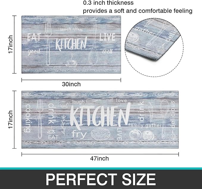 Kitchen Rugs Sets of 2 - Non Slip Washable Microfiber Kitchen Rug, Farmhouse Country Kitchens Rugs and Mats for Decor, Sink, Stove, Laundry, Machine Washable,（17"x 48"+17"x 24"）