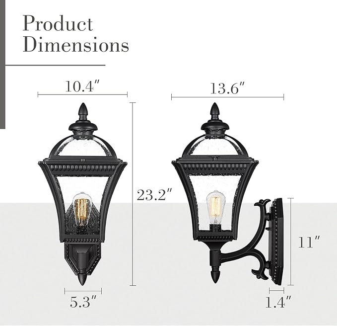 Emliviar 23 Inch Modern Exterior Light Fixture, Large Vintage Outdoor Porch Light for House, Die-Cast Aluminum with Seeded Glass, Black Finish, XE266B BK