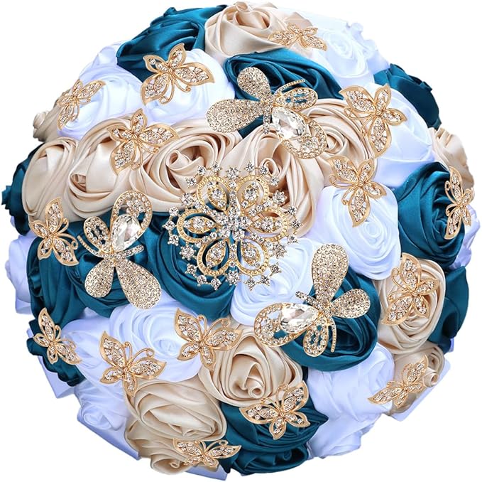 Handmade Floral Satin Rose Butterfly Shape Rhinestone Bridal Bouquet Luxury Golden Rhinestone Artificial Flowers for Wedding