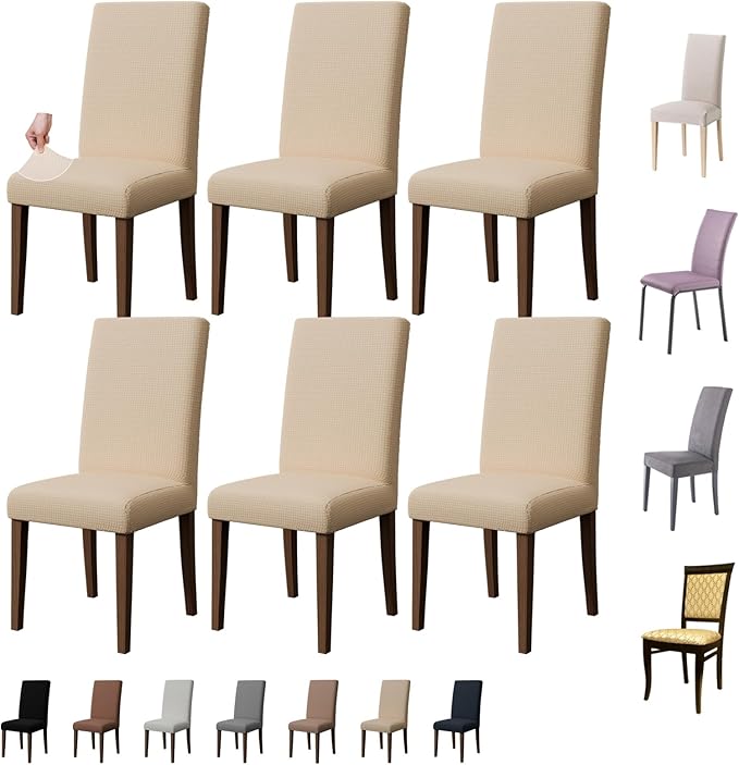 Chair Covers for Dining Room Set of 6, Washable Parson Chairs Slipcover Kitchen Seat Protector for Home, Party, Hotel, Banquet (Beige)