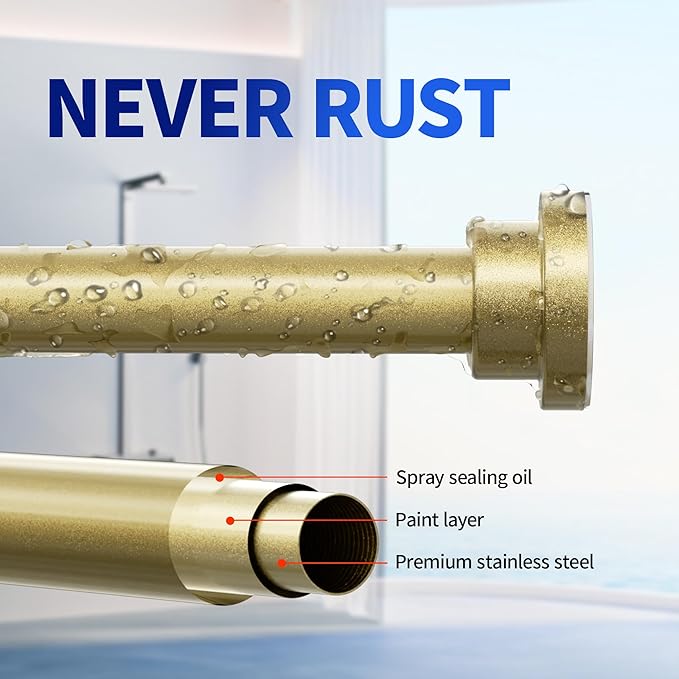 Shower Curtain Rod, 1" Diameter Heavy Duty Tension Shower Rod, Non Slip Adjustable 28-102 inch No Drilling Shower Curtain Rods Spring Tension For Bathroom, Shower Stall, No Rust, Chrome Gold