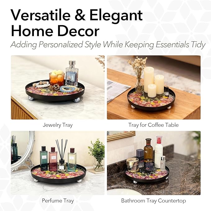 DIY Decorative Tray Craft Kit for Adult - Create Your Own Real Flower Tray with Epoxy Resin, Metal Tray for Vanity, Perfume, Key, Trinket Organizer, Table Decor (Beige, Basic)