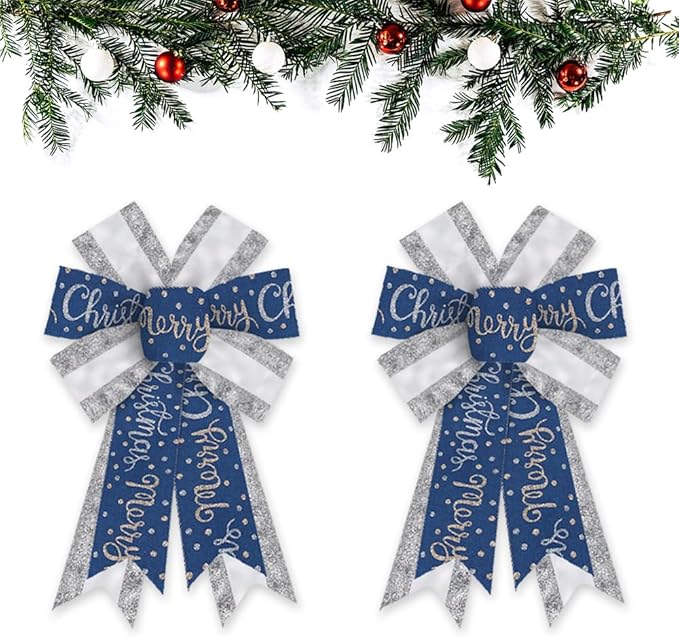ABTOLS 2PCS Christmas Wreath Bows, Sliver Glitter Bows for Wreath Xmas Dot Decor Bow for Front Door Blue Tree Topper Bows for Winter New Year Wall Ornaments Home Indoor Outdoor Decor