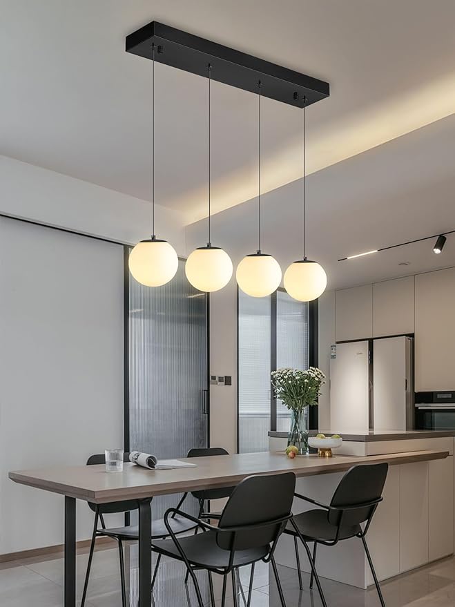 Dining Room Light Fixture 4-Light Black Kitchen Island Lighting Globe Glass Chandeliers for Dining Room Over Table Pendant Light Fixture for Living Room Hallway Bedroom