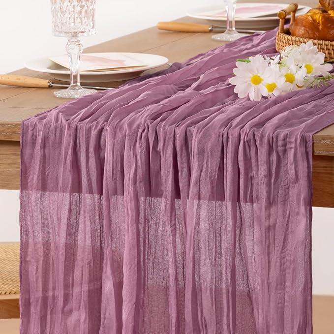 MLMC Purple Table Runner 10ft Sheer Gauze Cheesecloth Valentines Table Runner 35x120 Inches Sheer Cheese Cloth Centerpiece for Quinceanera Bridal Baby Shower Boho Wedding Home Decor