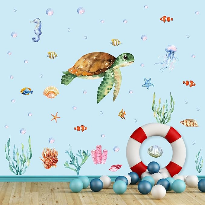 Large Summer Ocean Window Clings Decals, Watercolor Sea Turtle Jellyfish Bubbles Wall Stickers, Peel and Stick Ocean Anmial Wall Decor for Bedroom Bathroom Window School Nursery Decoration