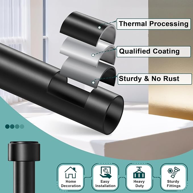 Black Curtain Rods 72-144 Inch, 1" Heavy Duty Extra Long Adjustable Wall Mount Drapery Rod, Telescoping Sectional Design for Large Windows, Outdoor Patio, Modern End Cap Finials