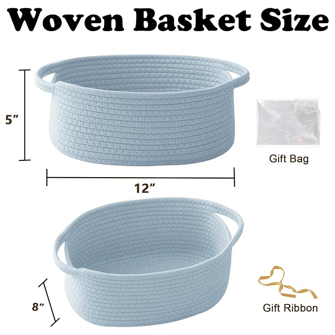 Small Woven Rope Basket-Empty Gifts Basket with Bag and Ribbons,Cute Handle Organizer Box for Birthday/Baby Shower, Toy Storage, Nursery Organizing & Shelf Decor(Blue)