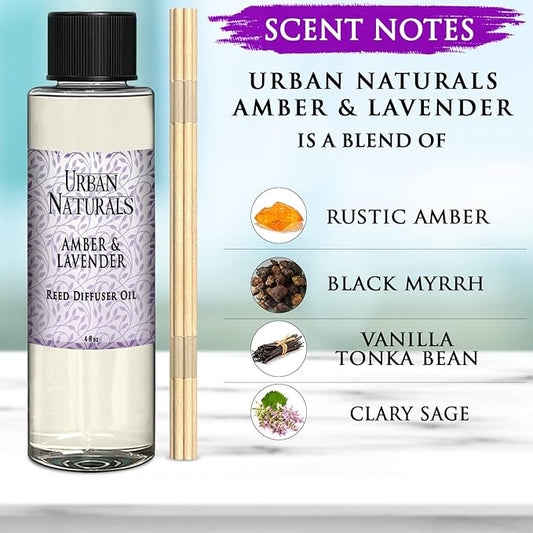 Urban Naturals Reed Diffuser Oil Refill Amber & Lavender, Soothing Lavender, Warm Amber, Calming Room Scent, 4 oz + Free Reed Sticks, Made in The USA