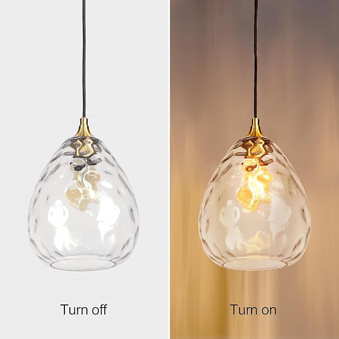 Gold Pendant Lighting with Clear Hammered Glass Shade, 1-Light Art Deco Hanging Lamp for Kitchen Island, Dining Room, Bedroom (Clear Glass Shade)