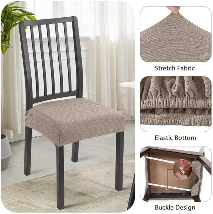 SearchI Stretch Dining Chair Seat Covers Set of 4, Soft Removable Washable Seat Covers for Dining Chairs, Dining Room Seat Cover Protector (Rear-Covered, Khaki Jacquard)