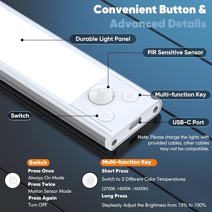 Brightever Under Cabinet Lights, 14-Inch Rechargeable Battery Operated Motion Sensor Lights Indoor, 3200mAh Wireless Magnetic Dimmable Under Closet Counter Night Lights for Kitchen Stair, 3 Packs