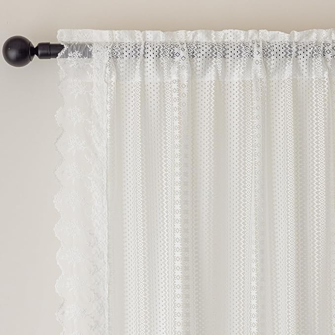 White Sheer Curtains 63 inch Length – Vintage Boho Sheer Curtains for Bedroom/Living Room, Light Filtering Drapes with Lace Trim, Rod Pocket Privacy Chic Window Treatments, 52W x 63L, 2 Panels