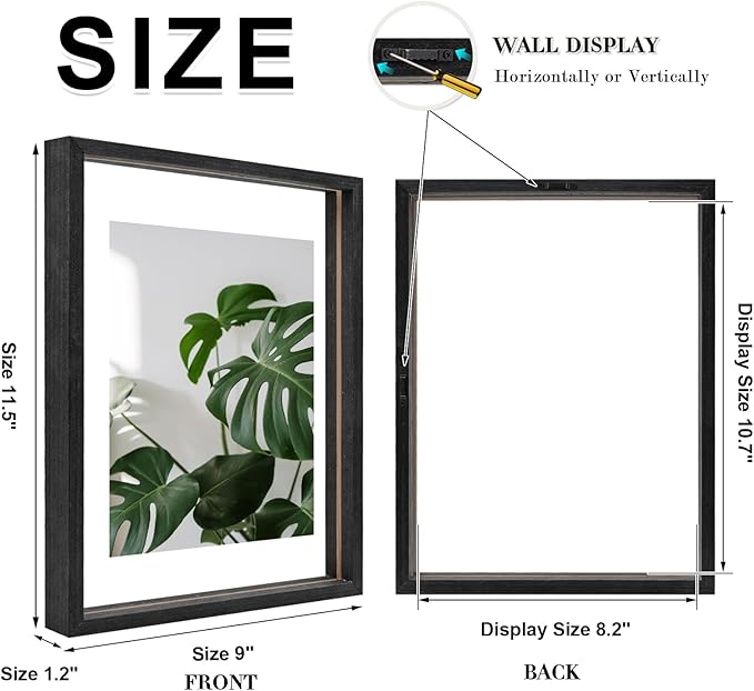 Egofine 8.5x11 Floating Frames Set of 2, Double Plexiglass Picture Frame, Made of Solid Wood Display Any Size Photo up to 8.5x11, Wall Mount or Tabletop Standing, Faded Black