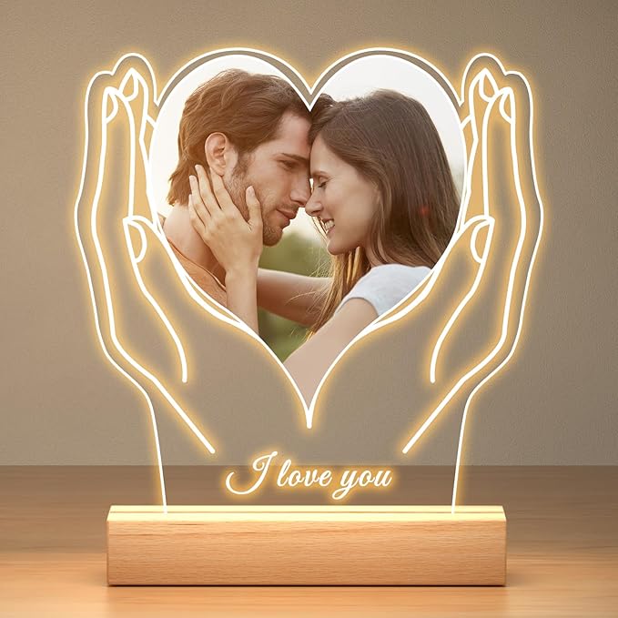 Personalized Picture Frame with Photo, Customized Photo Frame with Night Light, Custom Picture Frames, Personalized Anniversary Christmas Gifts for Women Men Her Him Girlfriend Boyfriend Couples