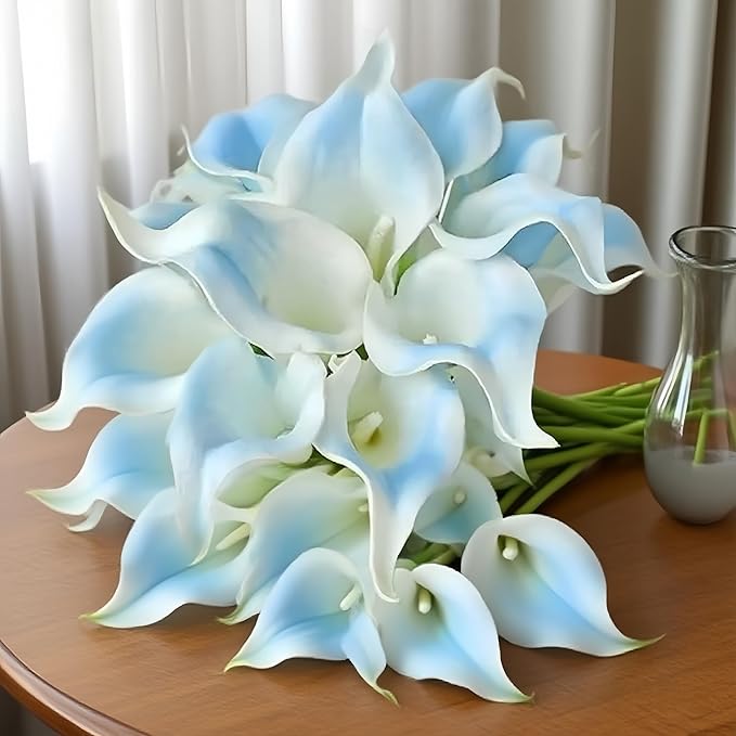 12PCS Realistic Calla Lily Artificial Flowers - 13.5" Latex Real Touch Faux Lilies for Wedding Bouquets, UV Resistant Outdoor Decor & Home Centerpieces (Light Blue)
