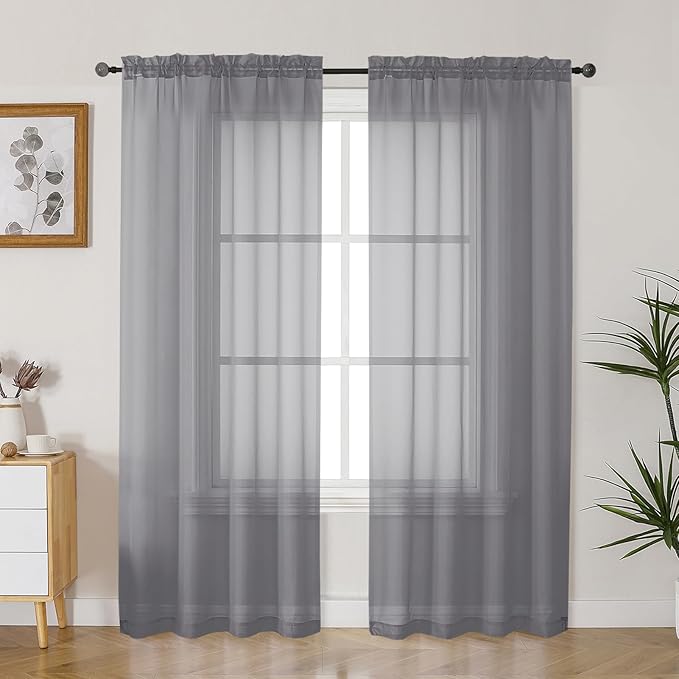 Gwine Charcoal Grey Sheer Curtains 72 Inches Long 2 Panels Set for Front Door, Light Filtering Sheer Curtains for Living Room, Lightweight Rod Pocket Window Treatments Drapes, Each 42" Wx72 L