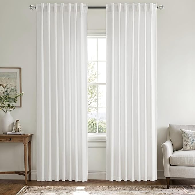 MIULEE Non-See-Through Privacy Linen Curtains 2 Panels, Light Filtering Window Curtains Farnhouse Textured Back Tab Semi Sheer Drapes for Bedroom Living Room, 52 x 84 Inches Long, Pure White