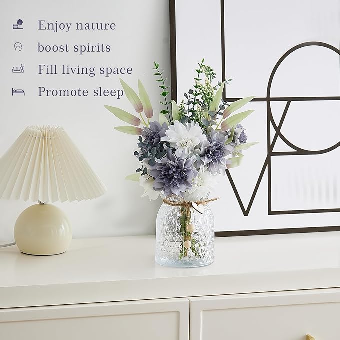Fake Flowers with Vase Combo Bue Wite Flowers Mix Silk Artificial Flowers Dahlia, Fake Plastic Flowers Bulk Decoration, Faux flower for Wedding Bridal Bouquets, Floral Arrangement, Table Centerpieces