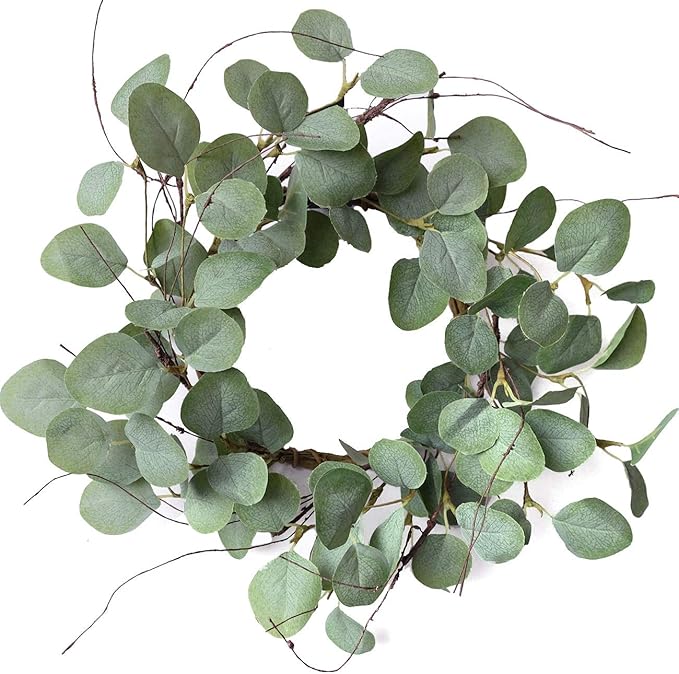 idyllic Eucalyptus Leaves Wreath Metal Polyester Green Wreath 14 Inches for The Front Door Décor, 4 Pack