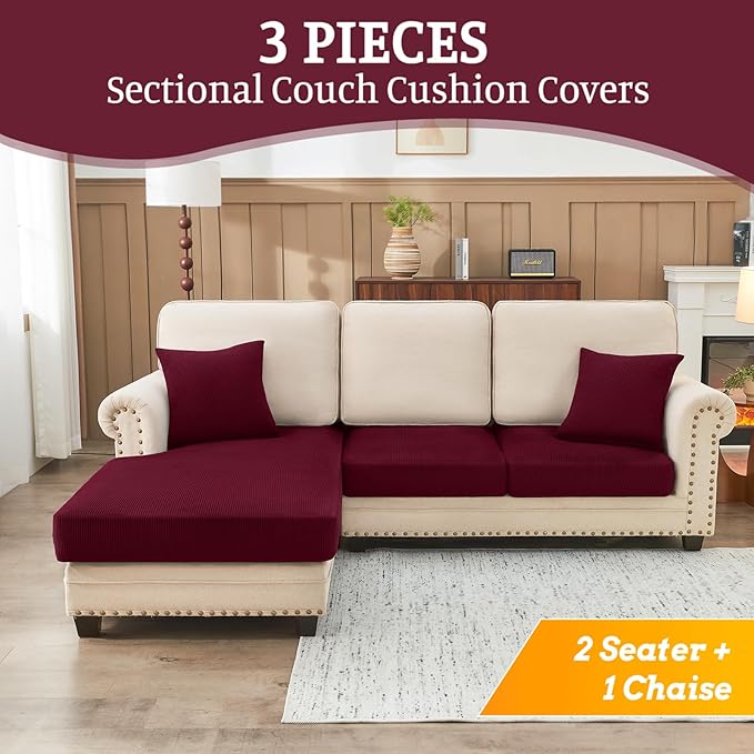 Sectional Couch Covers for Sofa Cushion L Shaped Couch Cover Washable Soft Couch Cushion Covers Stretch Sofa Slipcovers with 2 Pcs Pillowcases(3-Piece 2 Seater + 1 Chaise, Burgundy)