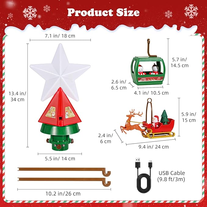 Luxspire Christmas Tree Topper with Rotating Animated Santa Deer Sled and Snowman Cable Car, Multicolor Lighted Christmas Star with Music, Tree Topper Decoration for Holiday Home