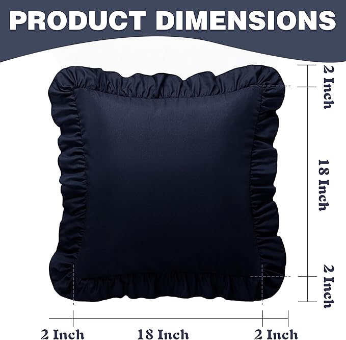 KKJIAF Ruffle Pillow Cases 18x18 Inches, Navy Blue Square Ruffled Pillow Covers Set of 2, Microfiber Wrinkle Resistant Pillow Shams with Envelope Closure for Sofa Bed Living Room