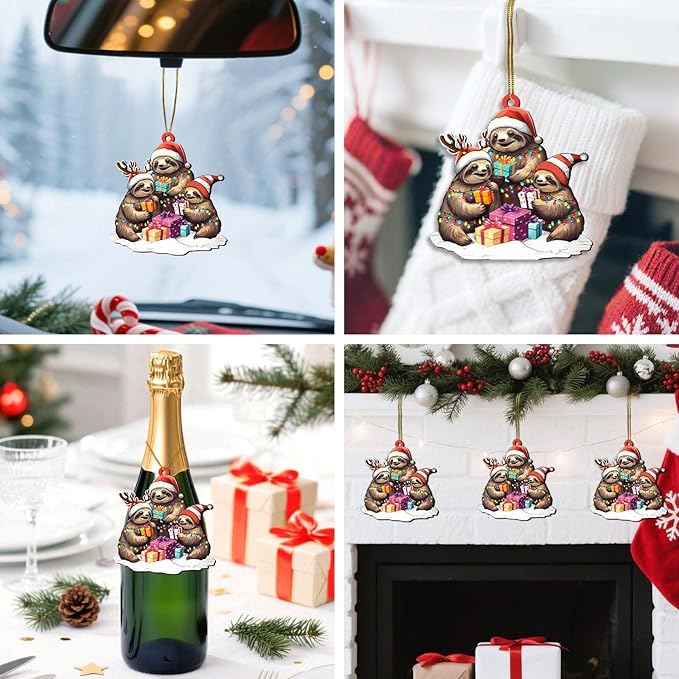 2-Sided Printed Sloth Family Wooden Christmas Ornament, Keepsake for Women, Men & Friends, Cute Sloth Christmas Tree Decoration