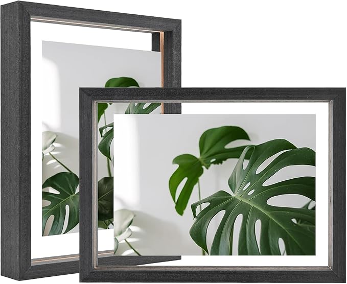 Egofine 6x8 Floating Frames Set of 2, Double Plexiglass Picture Frame, Made of Solid Wood Display Any Size Photo up to 6x8, Wall Mount or Tabletop Standing, Rustic Black