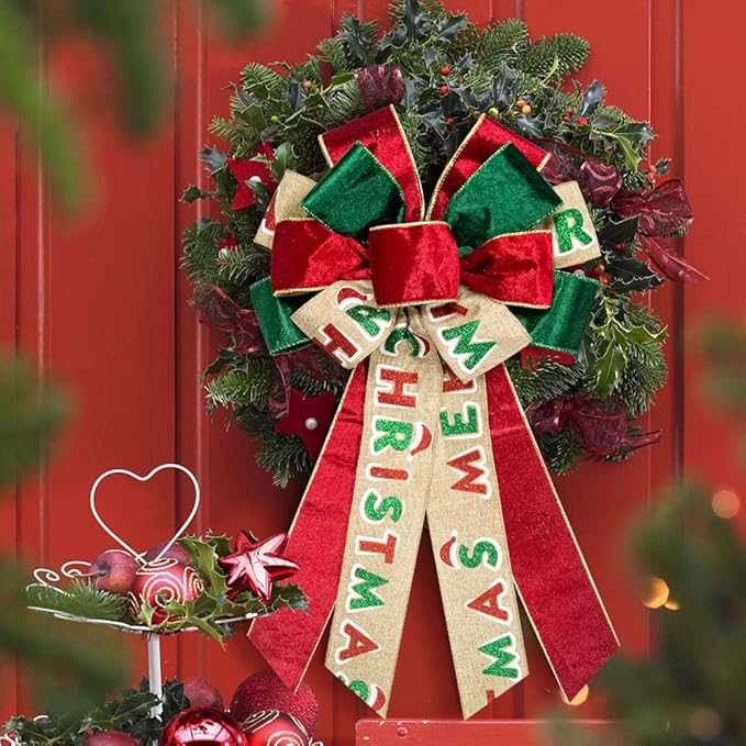 On-Airstore Large Christmas Wreath Bows, Christmas Words Velvet Ribbon Bows for Wreaths, Large Tree Topper Bows for Christmas Home Garden Indoor Outdoor Party Decoration Wreath Ornament Supplies