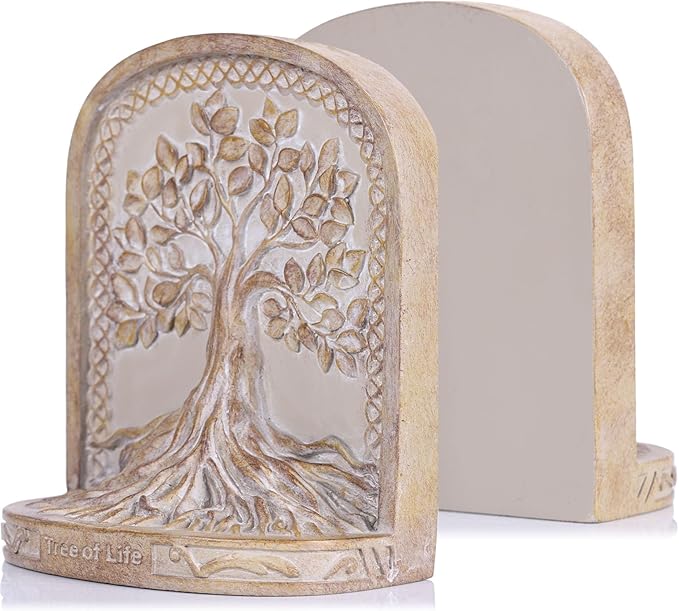 Tree of Life Bookends,Heavy Duty L-Shaped Resin Book Ends,2 Non-Skid Heavy Bookends for Shelves/Desktop/Bookshelf Decor,Celtic Mythology Sculpture,Vintage Accessories,Housewarming Gift (Faux Wooden)