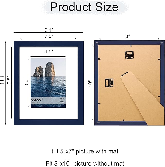 8x10 Picture Frame Set of 2, 8 x 10 Wood Photo Frames with Mat for 5x7, Natural Wooden Frame with Real Glass Cover for Wall and Tabletop Display,Blue