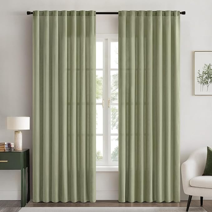 EMEMA Privacy Sheer Curtains 84 Inches Long 2 Panels Set, Non-See-Through Light Filtering Semi Sheer Curtains for Bedroom Living Room, Window Drapes That Let Light in, 52x84 Inch, Sage Green