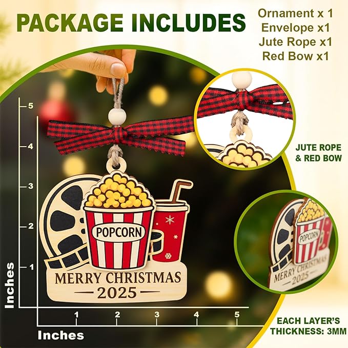 Popcorn Ornament - Popcorn Ornaments Christmas Tree - Movie Christmas Ornaments - Film Ornament - Popcorns Gift for Lovers, Movie Lover Gifts for Girls, Men, Family - 2 Layers Wood Xmas 2025