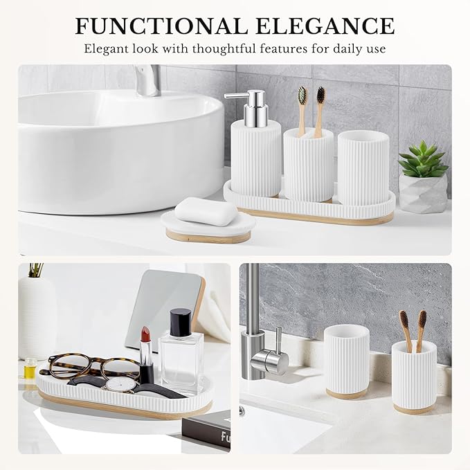 7PCS Bathroom Accessories Set, with Soap Dispenser, Q-tip Holder, Toothbrush Holder, Tumbler, Soap Dish, Vanity Tray, Complete Bathroom Accessory Set Organizer Countertop for Modern Home Decor, White