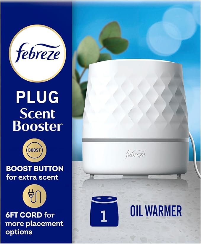 Febreze Plug Scent Booster in White, Continuous Scent Device Oil Diffuser, Compatible with Febreze Air Freshener Plug in Refills, Giftable for Holidays