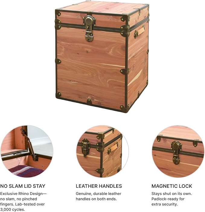 Rhino Trunk & Case Knotty Cedar Chest with Antique Brass Hardware – 20"x20"x24" End Table Storage Box, Coffee Table, End of Bed Trunk or Entryway Storage Bench Furniture – USA-Made, Heirloom Aesthetic