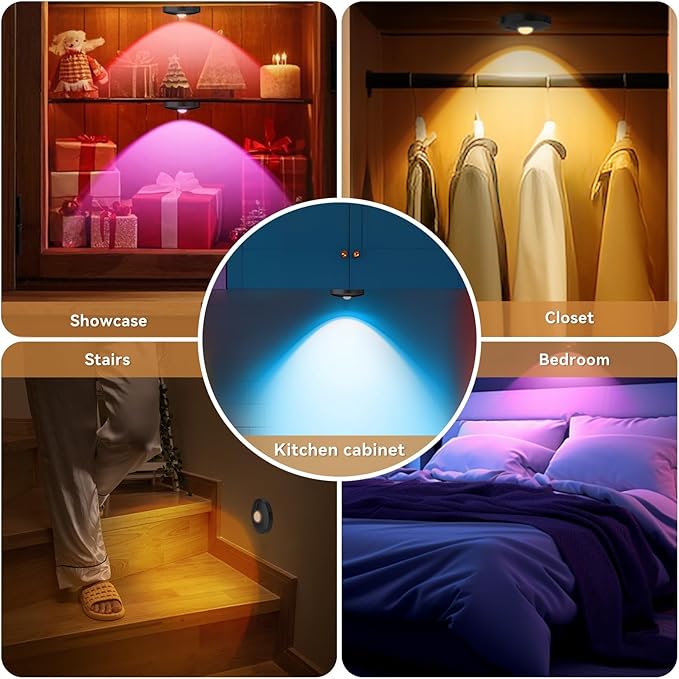 Rechargeable Puck Lights with Remote, 6 Pack Magnetic Under Cabinet Lighting, 1500mAh Battery Operated LED Tap Lights with Dimmer & Timmer for Kitchen, Closet, Shelf - 3 Color Temps & 12 RGB, Black