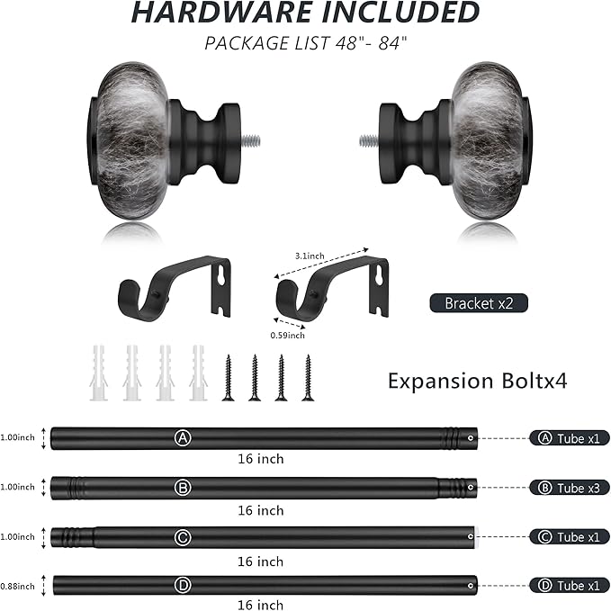 Black Curtain Rods for Windows 48 to 84 Inches,Adjustable 1 Inch Heavy Duty Drapery Curtain Rods with Marbled Finials for Bedroom,Living Room