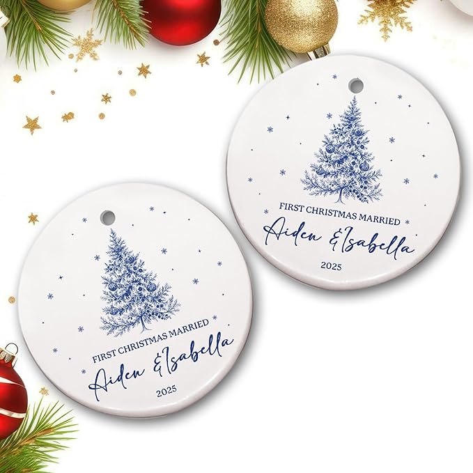 Personalized First Christmas Married Ornament 2025 – Ceramic Round Wedding Ornament – Christmas, Engagement, Anniversary, Newlywed Gift for Couple – Custom Names Keepsake Decoration