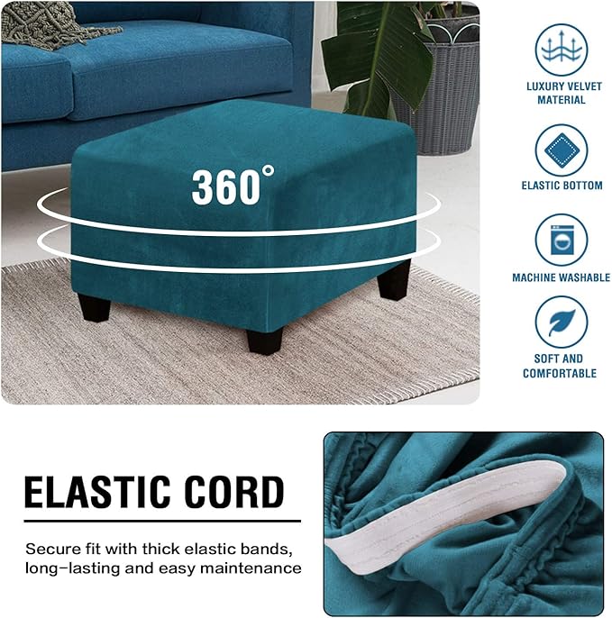 H.VERSAILTEX Square Ottoman Covers Ottoman Slipcover Square Footstool Protector Covers Storage Stool Ottoman Covers Stretch with Elastic Bottom, Feature Real Velvet Plush Fabric, Deep Teal