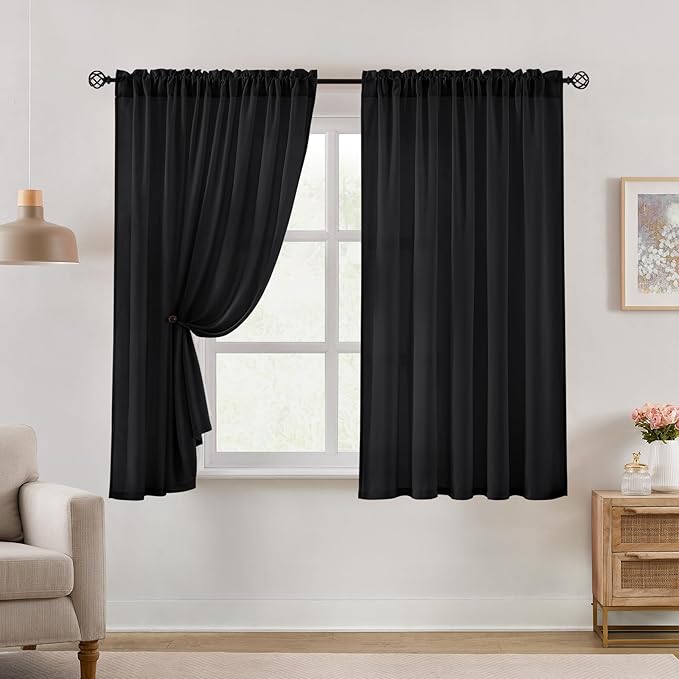 HOMEIDEAS Halloween Non-See-Through Black Privacy Semi Sheer Curtains 63 Inches Long 2 Panels Set Light Filtering Curtains for Living Room Bedroom Drapes,W52xL63