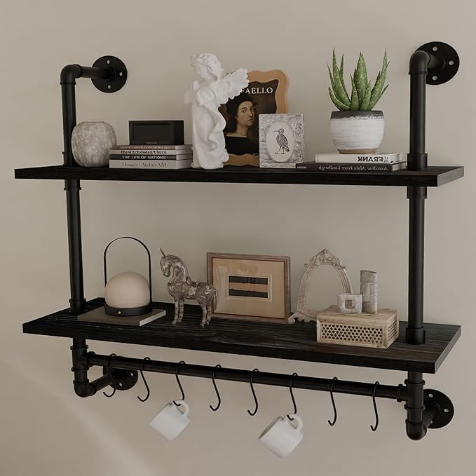 ROGMARS Industrial Pipe Shelving Pine Wood Floating Shelves for Wall, 30 inch Kitchen Wall Mounted Shelves Bathroom Shelves with Towel Bar Coffee Bar Shelf with Hooks for Living Room Bedroom