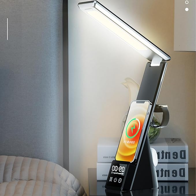 Multi-Functional Desk lamp with Wireless Charger N61 Black, Featuring Clock, Alarm, Adjustable Lighting, and Supporting All wirelessly Chargeable Phones, Watches, and Earphones.
