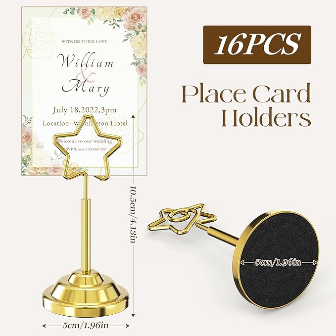 Urban Deco 16 Pieces Table Card Holder Place Card Holders 4 inches Steel Card Holders for Photos, Food Signs, Memo Notes, Weddings, Restaurants, Birthdays (Gold Pentagram)