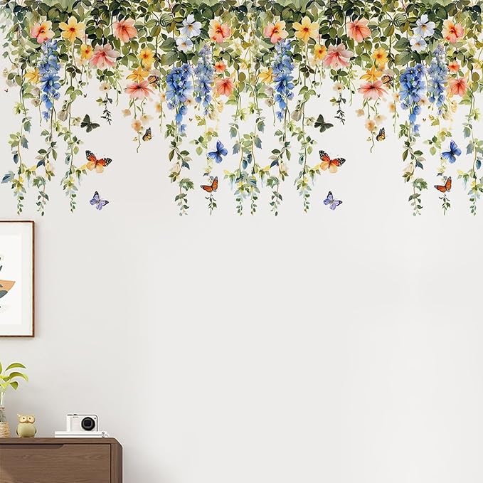 Elegant Floral & Butterfly Wall Decals – Watercolor Botanical Vine Border Stickers, Removable Vinyl Wall Art for Living Room, Bedroom, Bathroom, or Hallway Decor