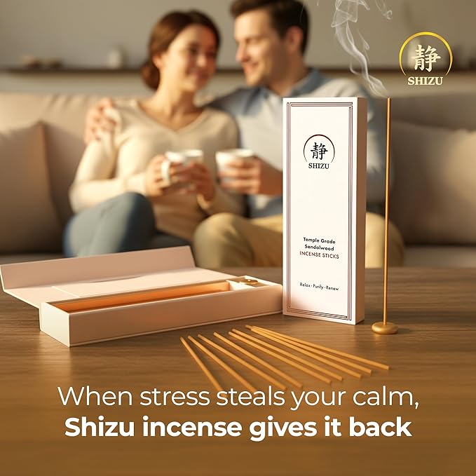 Shizu Sandalwood Incense Sticks – Temple Grade Japanese Incense with Brass Holder – Calming Scent for Relaxation, Meditation & Home Spa, Elegant Gift Set (60 Sticks)