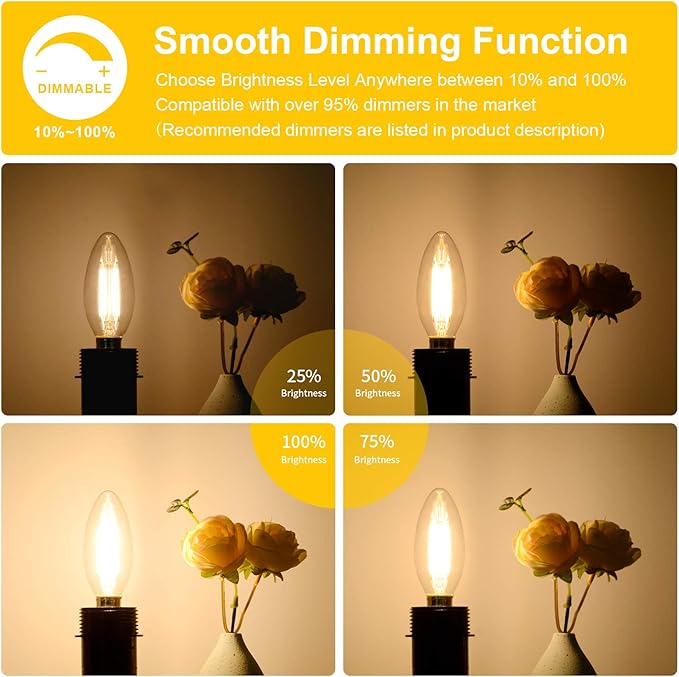 12-Pack Dimmable E12 LED Candelabra Bulbs 60W Equivalent, 2700K Soft Warm White, 600 Lumens B11 Candle Base 6W C35 LED Filament Vintage Light Bulbs, Clear Glass for Chandelier Ceiling Fan High CRI 90+