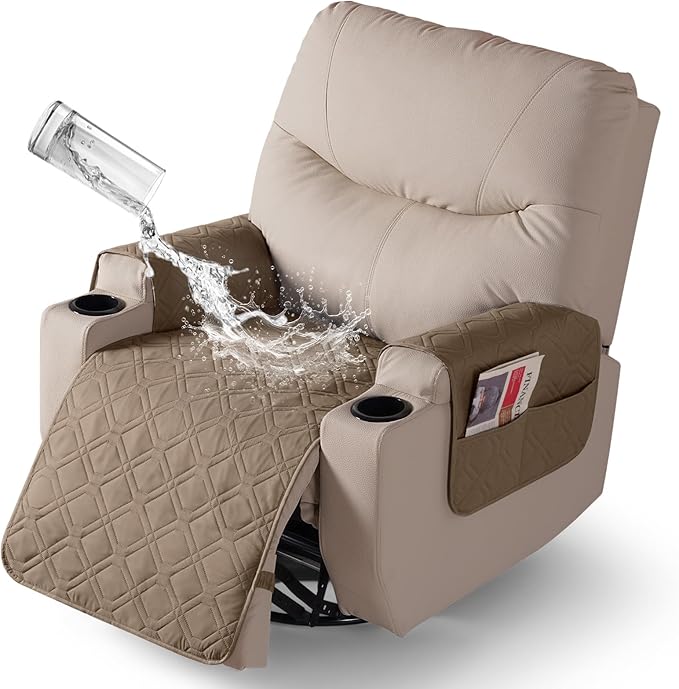 VANSOFY Recliner Chair Covers 100% Waterproof Seat Cover with Arm Reclining Cover Non-Slip Recliner Chair Covers Furniture Protector Washable Slipcover with Pocket for Pets, Dogs(Light Brown, 22")