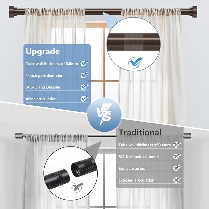 HEI! DEAR Bronze Curtain Rods for Windows 72 to 144 Inch(6-12ft),1 Inch Heavy Duty Curtain Rods,Adjustable Long Curtain Rod,Modern Single Drapery Rods,Telescoping Window Curtains Rods 30-144",Brown